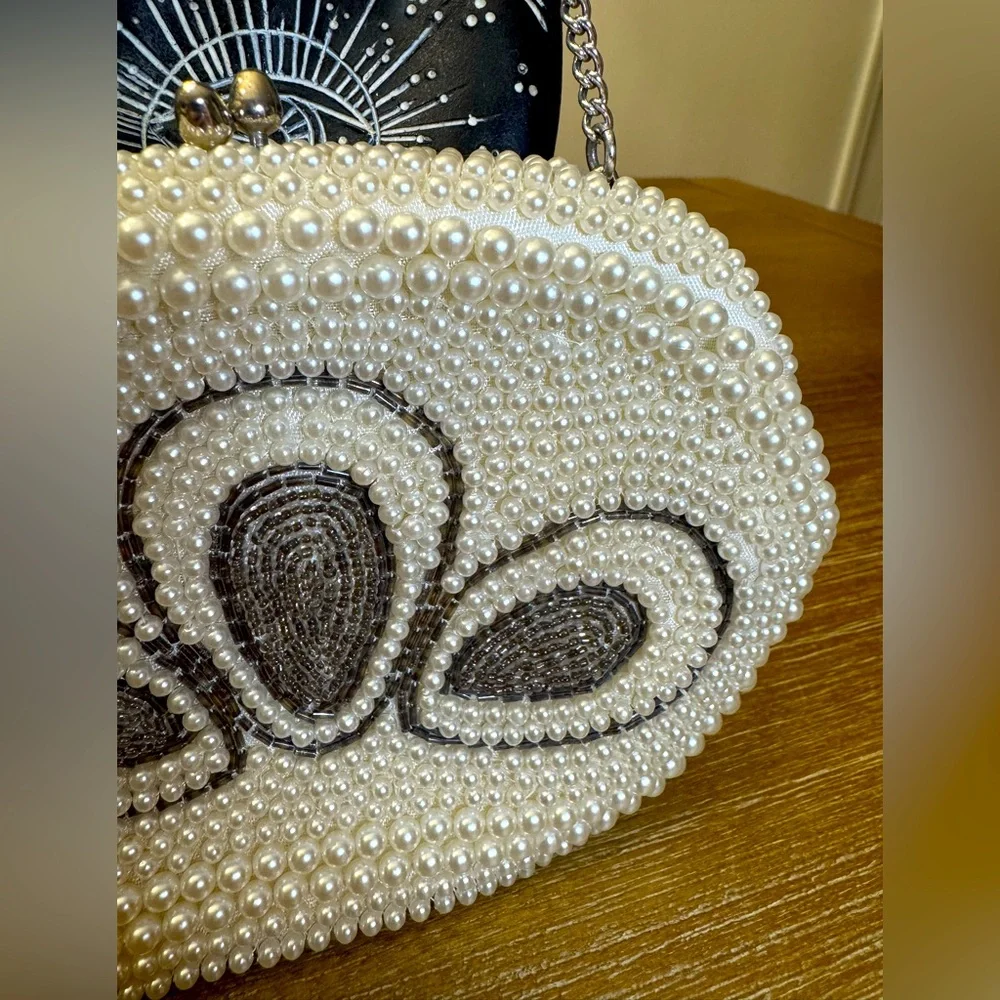 Vintage 1950s/60s Pearl Beaded Kiss Lock Clutch Handbag Made in Japan